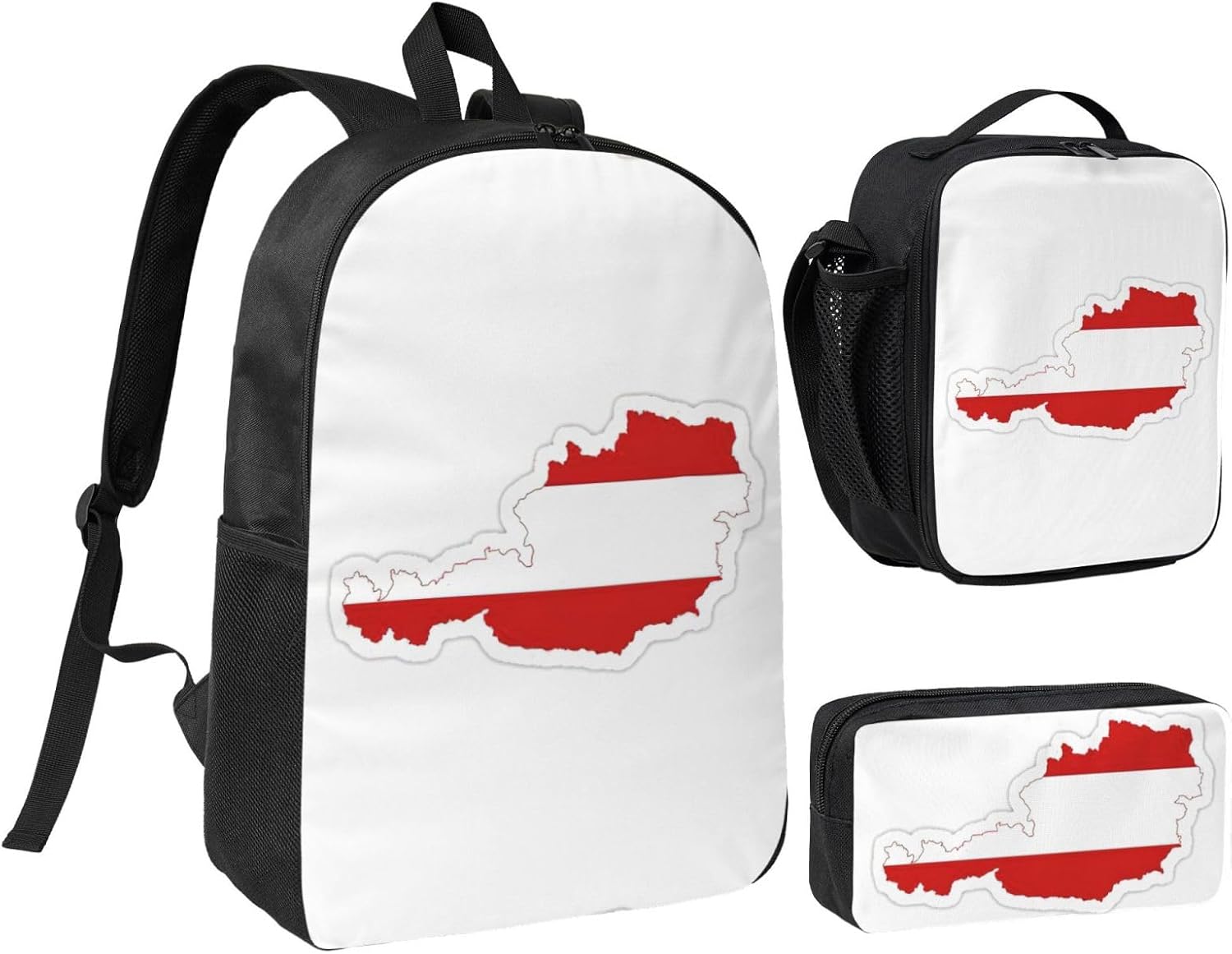 Austrian Flag Map print Shoulder Bookbags Lunch Bag and Pen Case 17 inches Backpack with Lunch Box, Cute Bookbag Set