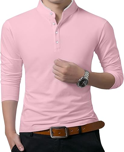 KUYIGO Camisas polo casuales de manga larga para hombre, cuello mandarín, ajuste delgado, tops de algodón a la moda
