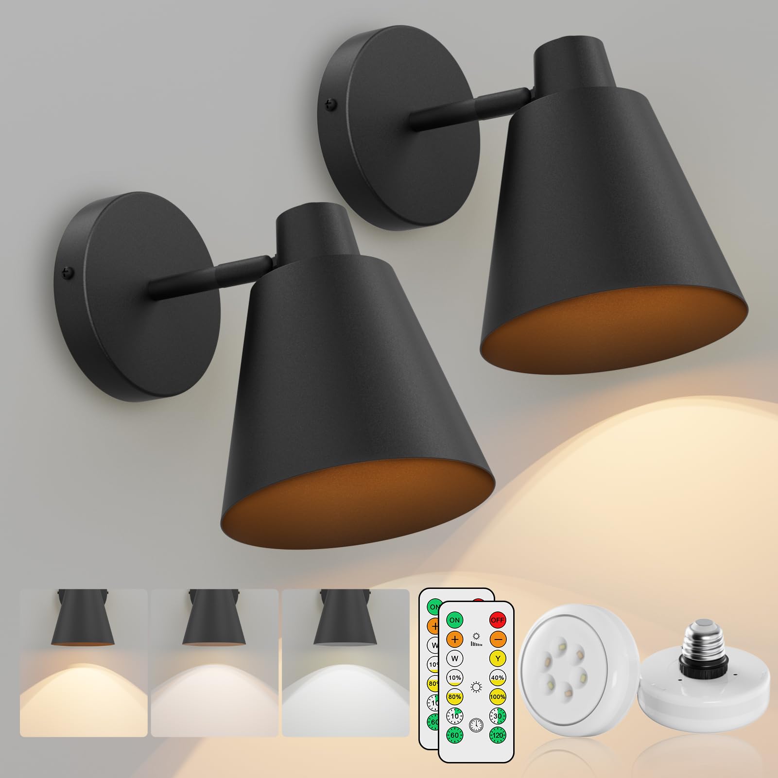 Black Battery Operated Wall Sconces Set of Two,3-Color Dimmable Wall Light with Remote Control,Indoor Non-Hardwired Timming Wall Lamp for Bedroom Living Room