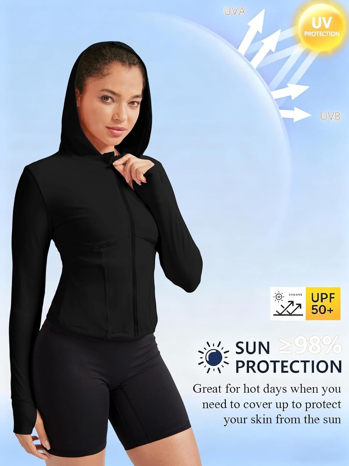 Auxo Women's Workout Jackets UPF 50+ Lightweight Zip Up Cropped Athletic Jacket Slim Fit Hooded Running Yoga Tops Thumb Holes