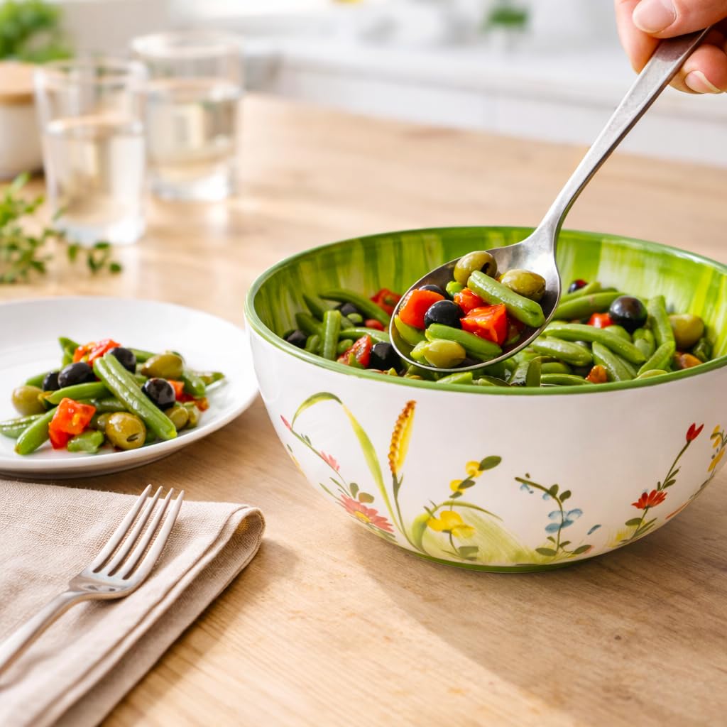 Lashuma Handgemachte Salatschüssel mittel, Italienische Keramik Schüssel mit Blumenwiesen Muster, Salat Schale Rund 22 cm