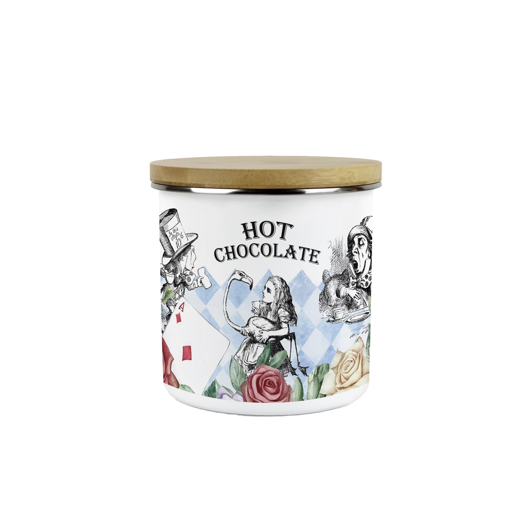 Purely Home Alice's Adventures in Wonderland Hot Chocolate Canister - Cartoon Characters White Rabbit & Mad Hatter Kitchen Gifts - Medium Metal Enamel Container 600ml