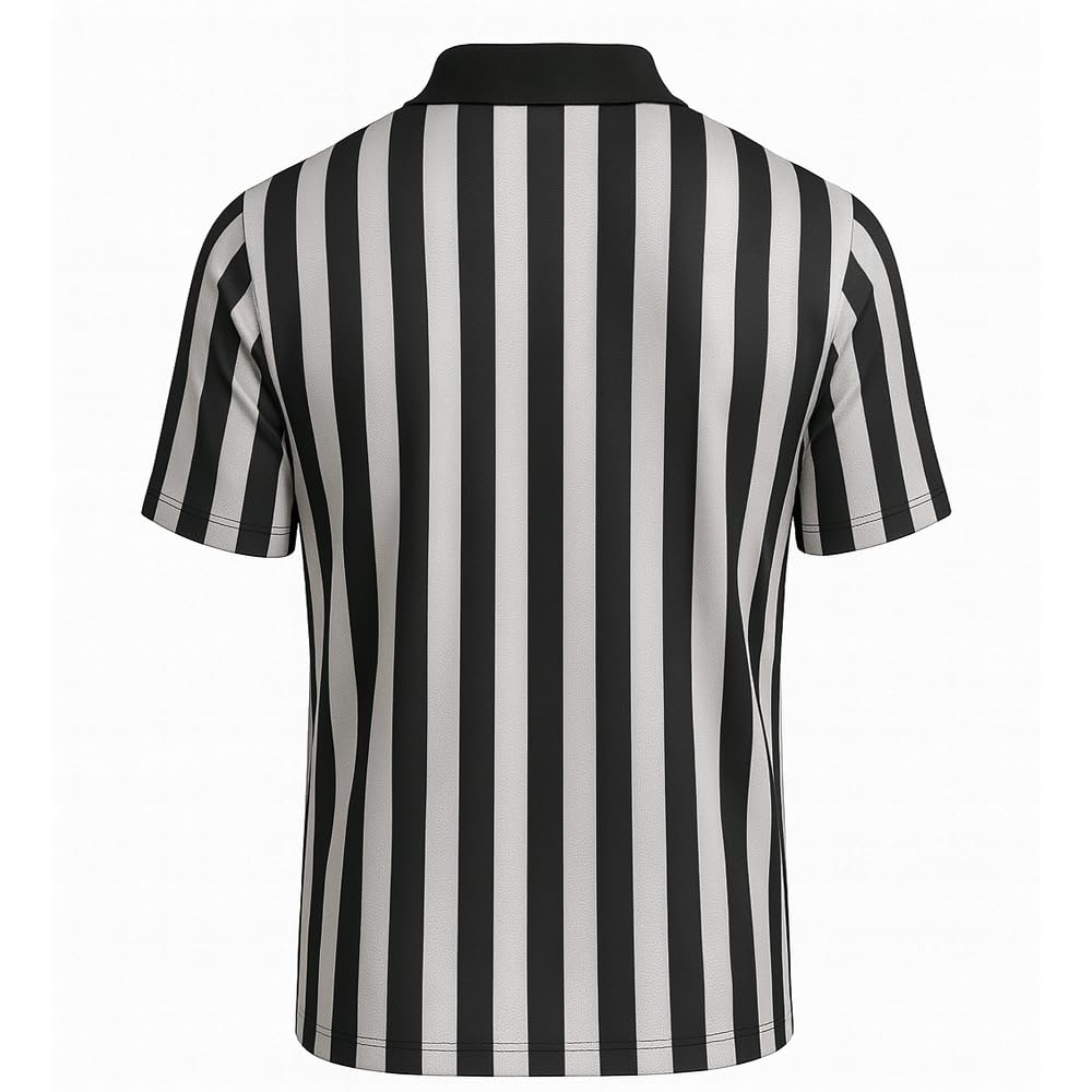 Nationwear Camiseta de Árbitro a Rayas para Hombre y Mujer – Clásica Camiseta Negra y Blanca con Cuello y Media Cremallera, Manga Corta, Ligera de Poliéster de Secado Rápido