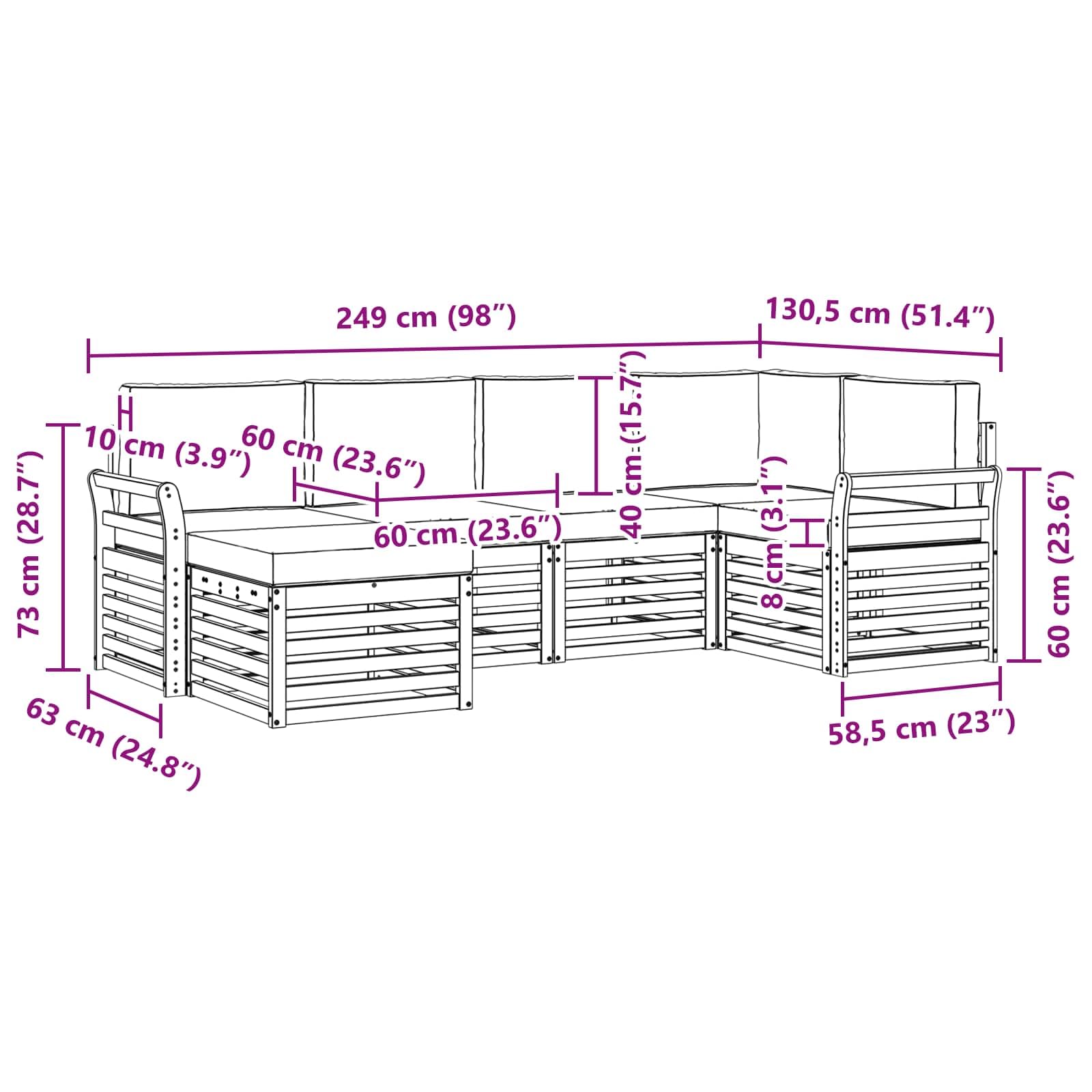 Set di mobili da giardino 6 pezzi in legno di acacia massiccio con verniciatura resistente alle intemperie, per terrazza, balcone e giardino, set modulare con comodi cuscini, design moderno
