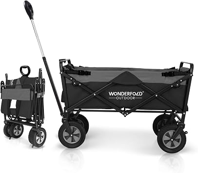 WONDERFOLD S1 Folding Utility Cart with Easy-Clean Removable 600D Fabric, Adjustable Pull Handle with Spring Bounce Technology & Active Front Steering, Black