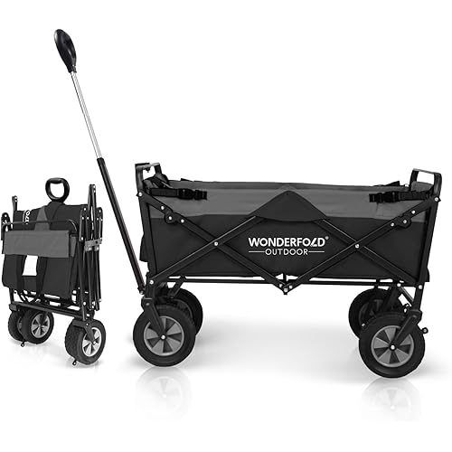 WONDERFOLD S1 Folding Utility Cart with Easy-Clean Removable 600D Fabric, Adjustable Pull Handle with Spring Bounce Technology & Active Front Steering, Black