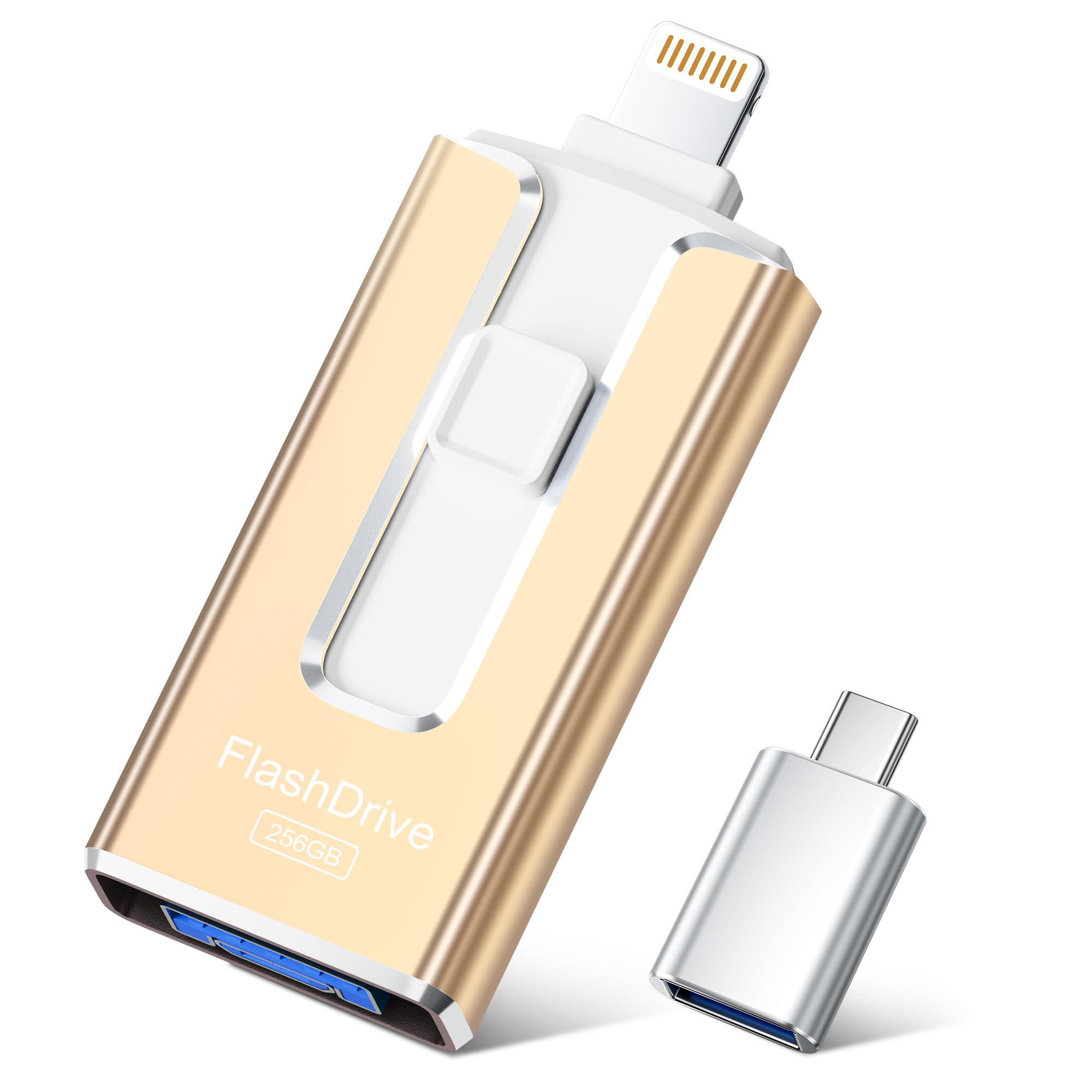 SUDEHO USB Stick 256GB für iPhone, MFi-zertifizierter 4-in-1 Speicherstick für iPhone/iPad/Android/PC, Flash-Laufwerk mit Plug-and-Play Backup für Fotos & Videos, schnelle Übertragung, Champagnergold