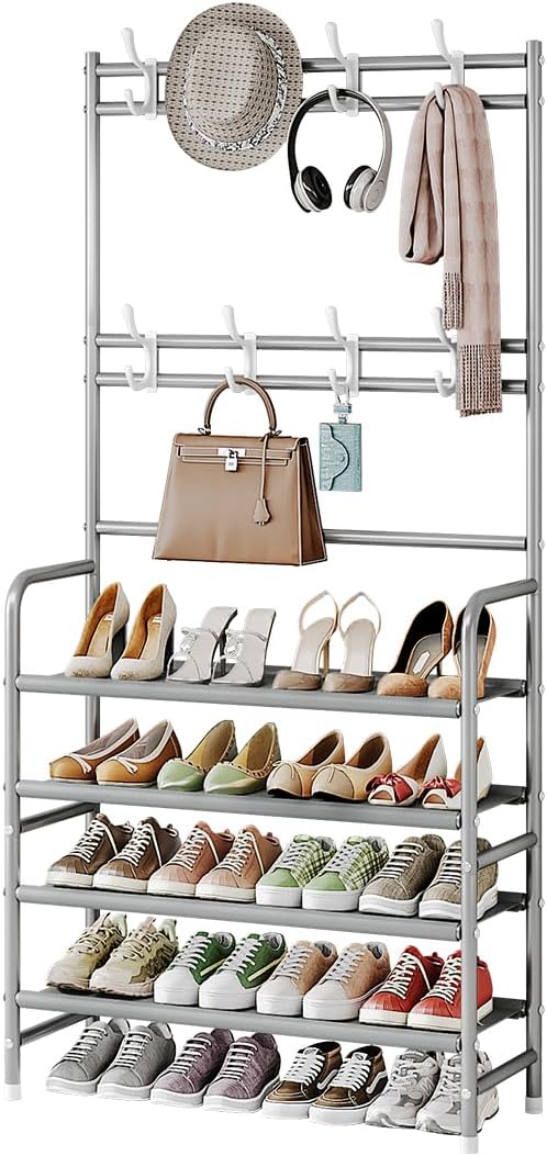 YIZAIJIA Coat Rack Shoe Rack With Storage Shelf Freestanding with 8 Hooks for Entryway Bedroom Closet 4 Tier, Grey