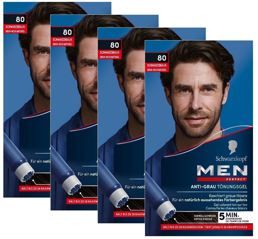 Men Perfect Gel de tinte antigris 80 negro marrón (4 x 80 ml), tinte para el cabello de los hombres que difuminan las canas, tinte antigris para un resultado de aspecto natural