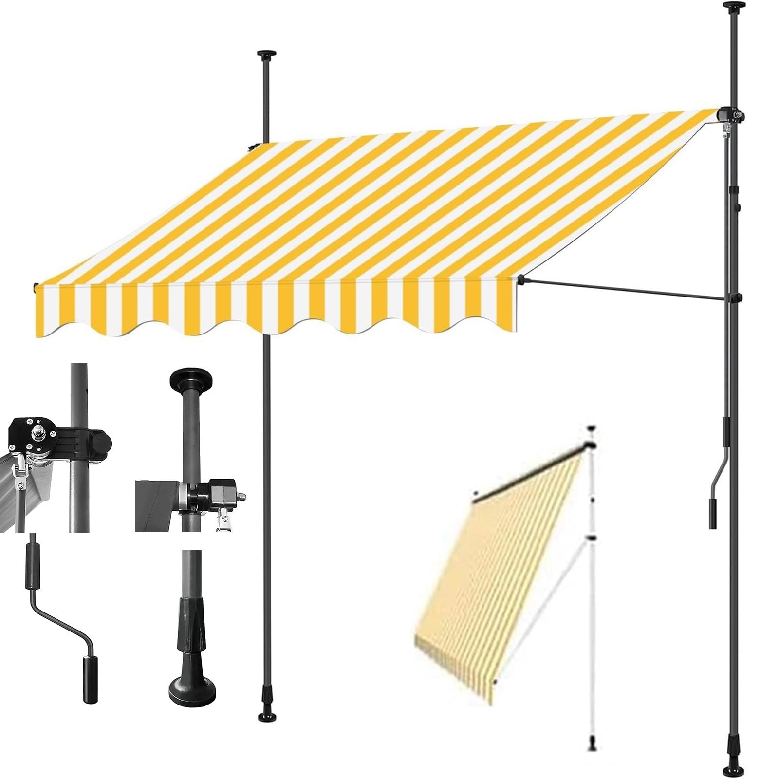 LWJSOCP Retractable Folding Sun Shade Awning for Outdoor Patios, Windows & Doors - UV-Resistant Fabric, Support Rod & Crank Handle for Easy Use (Yellow)