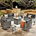 HOOOWOOO Outdoor Patio Sectional Furniture Sofa Set with Fire Pit Table,10 Piece Modern Wicker Couch with Swivel Chairs,Modular Conversation Seating Set with Widened Armrest for Garden(Black)