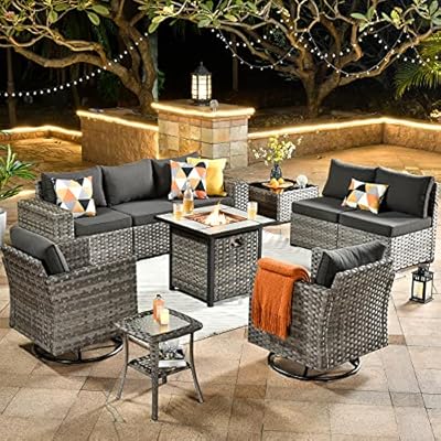HOOOWOOO Outdoor Patio Sectional Furniture Sofa Set with Fire Pit Table,10 Piece Modern Wicker Couch with Swivel Chairs,Modular Conversation Seating Set with Widened Armrest for Garden(Black)