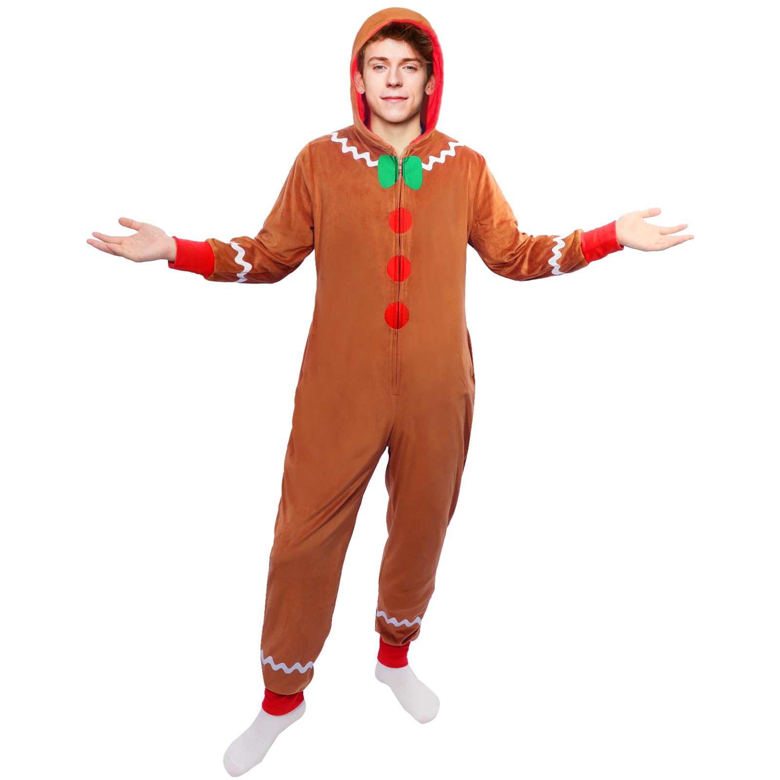 Mprocen Festive Gingerbread Man Jumpsuit Adult Christmas Onesie Costume Xmas Party Pajamas Holiday Cosplay Outfit(XL) - Image 4