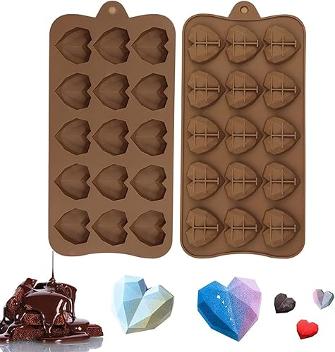 Paquete de 2 moldes de chocolate con forma de corazón de diamante – Molde de pastel de mousse de corazón 3D de 15 agujeros – Mini molde de silicona