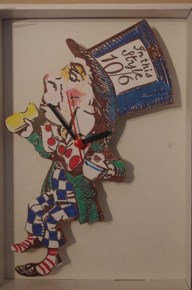Lark Rise Mad Hatter from Alice in Wonderland handmade Wooden clock made in the UK