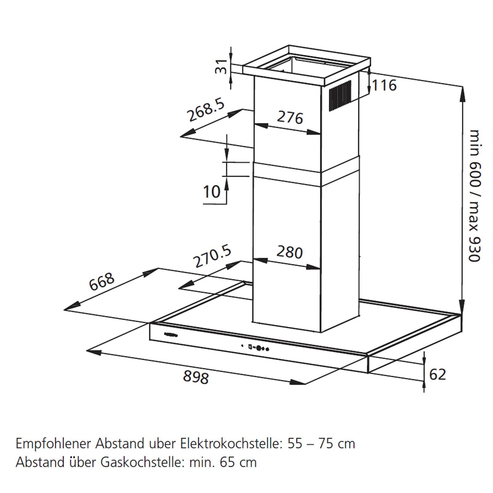 Oranier Inselhaube 90 cm Edelstahl ISOLA90E1 Dunstabzugshaube mit Glasfront 4 Leistungsstufen LightUp-Display