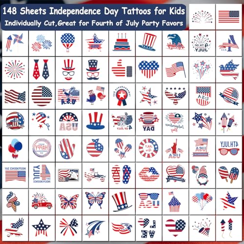 CHARLENT 4th of July Temporary Tattoos - 148 Individually Sheets American Flag Tattoos for Kids Women Men Independence Day Party Decorations and USA Party Favors 148 PCS