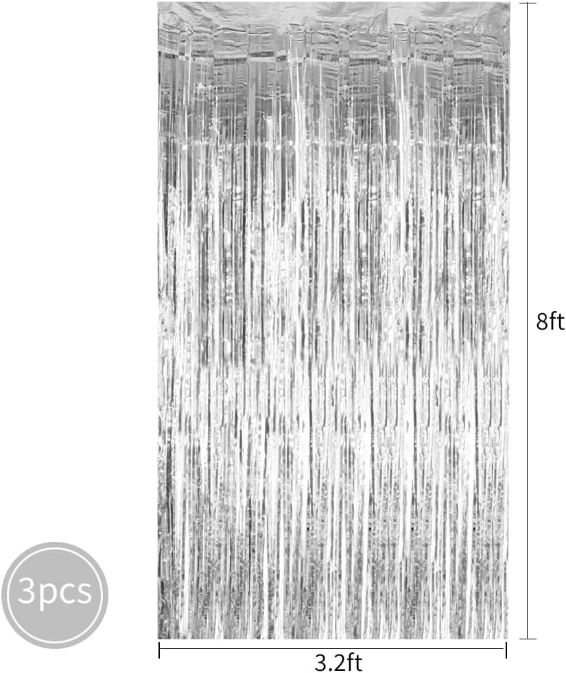 3Pcs Silver Metallic Tinsel Foil Fringe Curtains,3.28ft x 8.20ft Silver