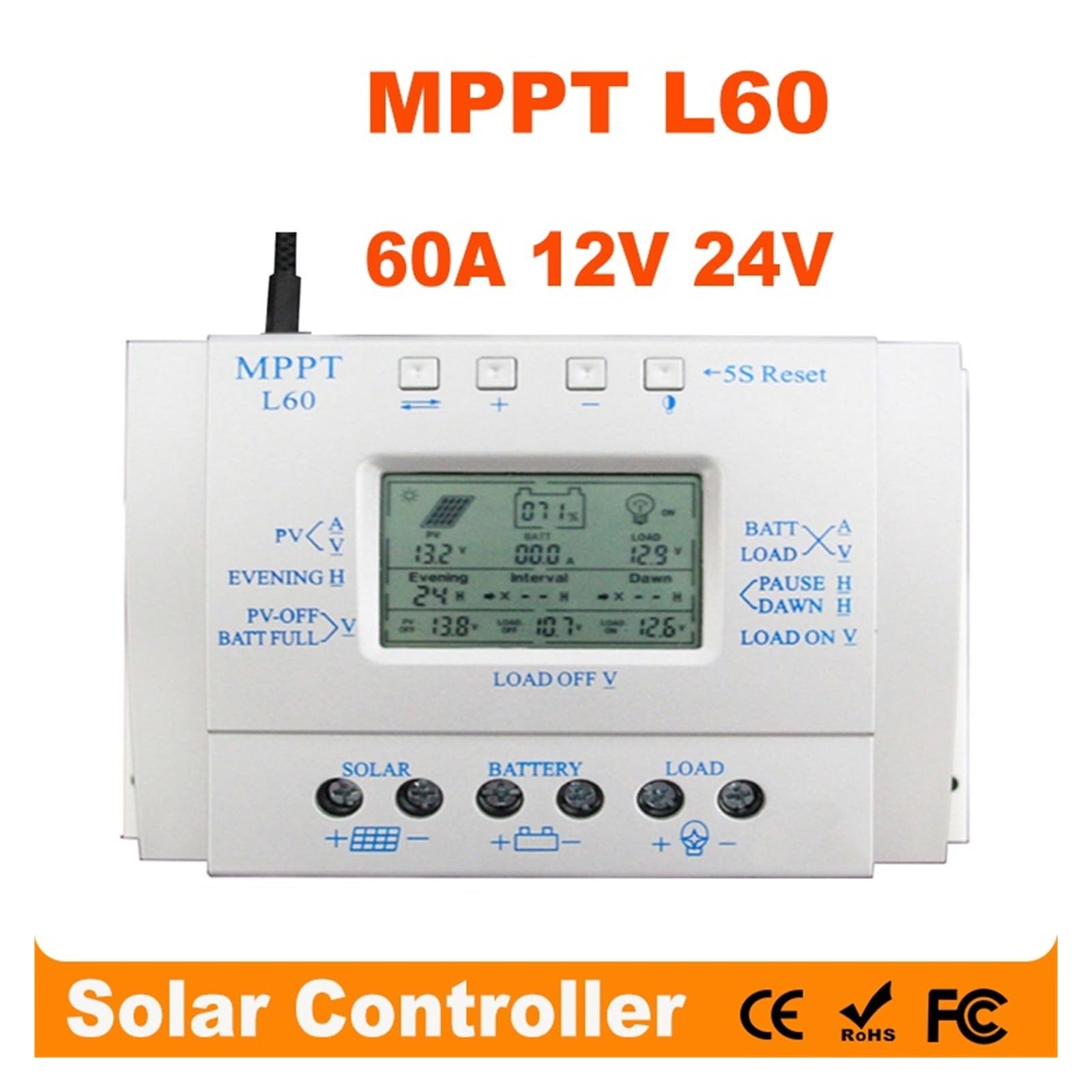 Solar Laderegler MPPT 60A Solarladeregler LCD 12V 24V Auto mit USB 5V 1500mA Solarregler Hocheffizientes Solar-Tracking-System