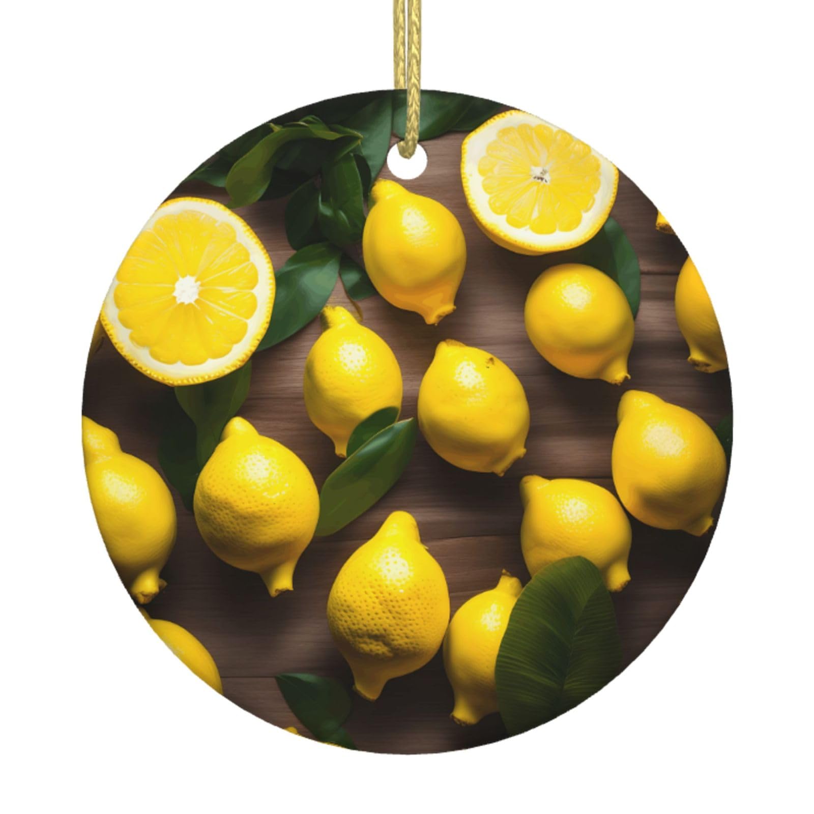 Fresh Tropical Lemons Print Christmas Ornaments, Ceramic Hanging Ornament, Round Shape Decorations