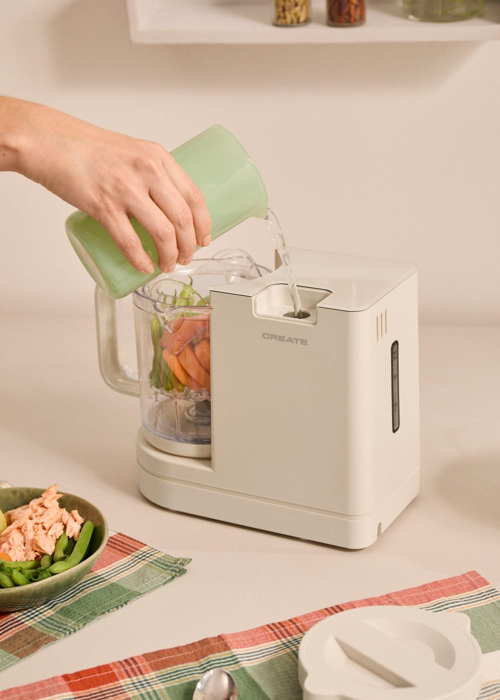 CREATE/BABY CHEFBOT/Robot de cocina esterilizador multifunción para bebés blanco roto/Libre de BPA, 6 funciones, programable, doble altura para biberones, 700W