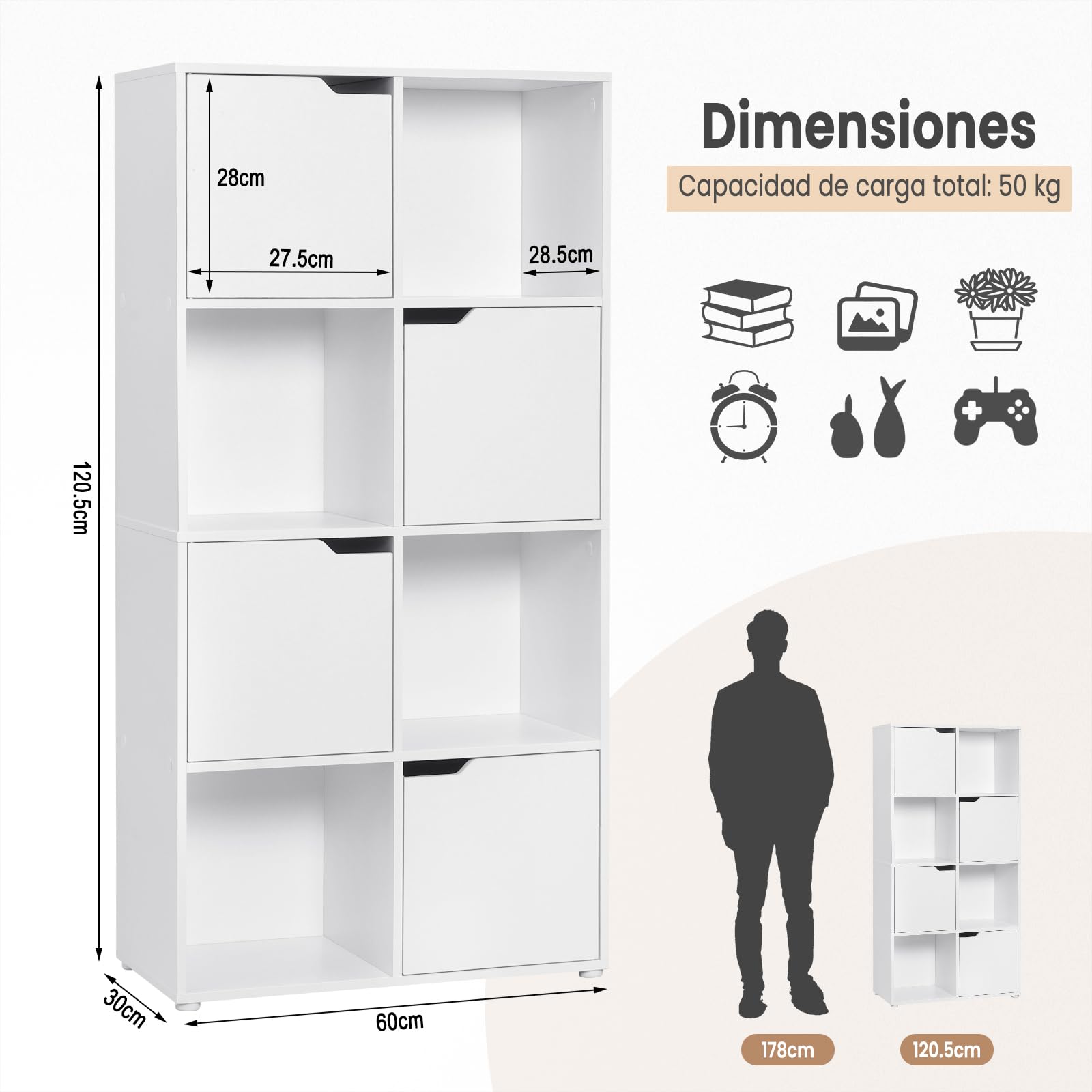 WOLTU Estanteria para Libros de 8 Cubos, Libreria de Cubos de Almacenamiento con Puertas, para Estudio, Dormitorio y Salon, Biblioteca Blanca, 60x30x120 cm, SK039ws
