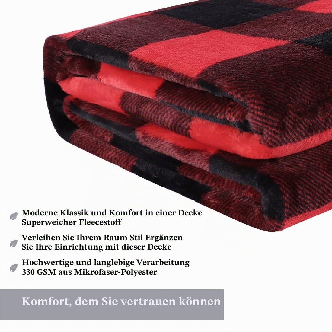PiccoCasa Karierte Decke Wolldecke Große Decke Tagesdecke Fleecedecke Warme & weiche Wohn- & Kuscheldecke als Sofadecke/Couchdecke Sofaüberwurf Rot&Schwarz 150x200cm