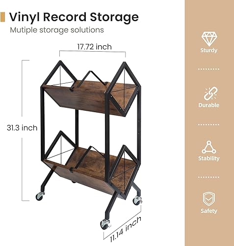 Miniatura 2 de Soporte de almacenamiento de discos de vinilo con ruedas, soporte de discos de 2 niveles 160-200 LP con divisores, exhibición de discos de vinilo de