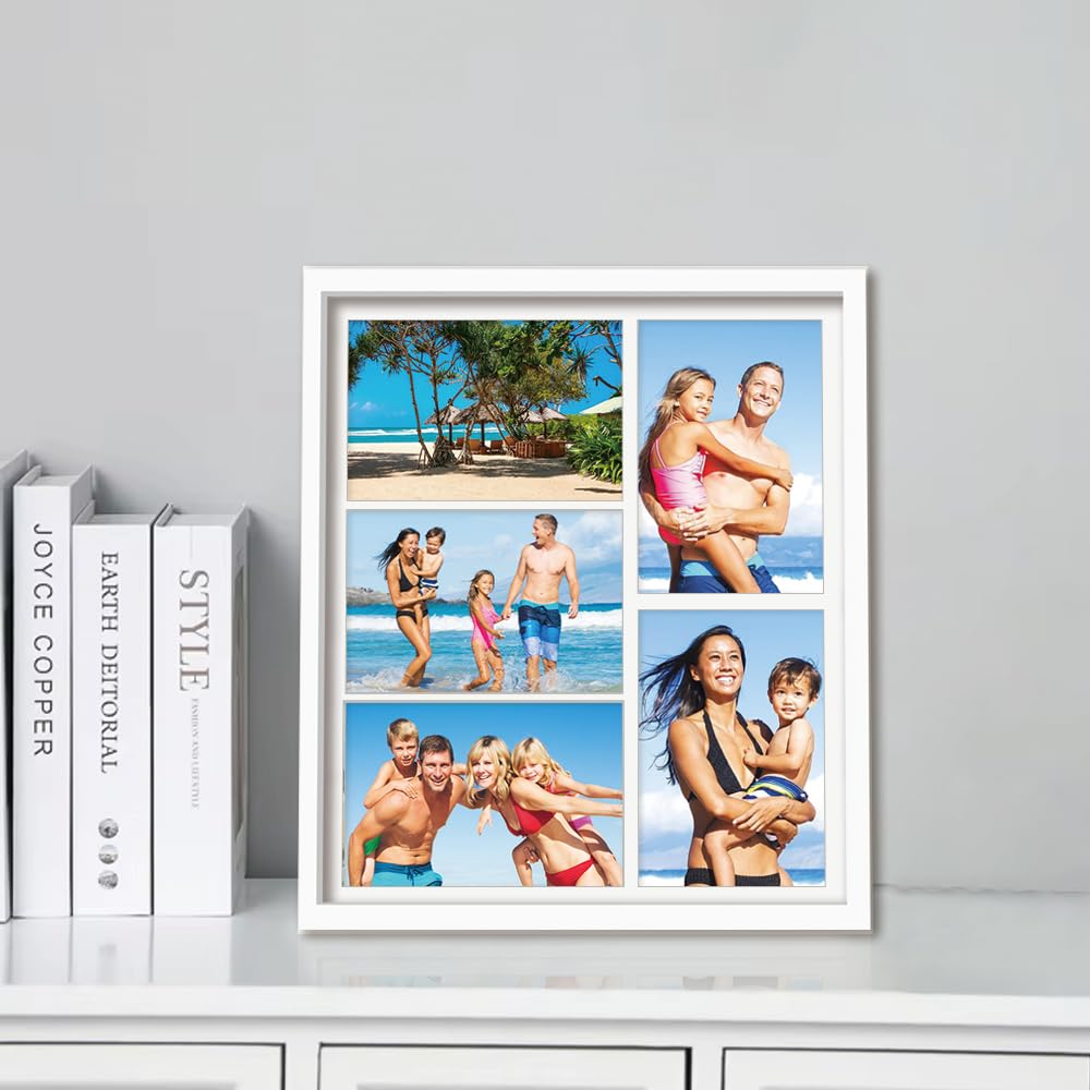 Marco de fotos de collage de 5 aperturas de 4 x 6 pulgadas, marco de madera maciza con paspartú blanco, marco de múltiples fotos para pared y mesa, elegante decoración del hogar, perfecto