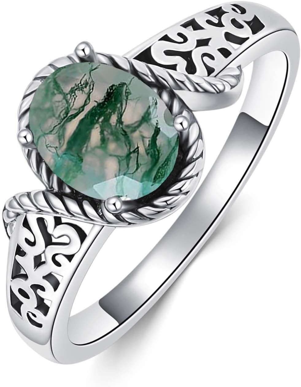 Vintage Natural Moss Agate Promise Statement Ring 925 Sterling Silver Moss Agate with Retro Oxidized Filigree Anniversary Engagement Ring for Women Gifts Size 5-12