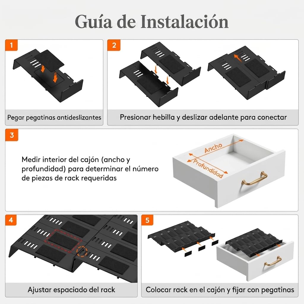 Lifewit Especieros para Cajones Cocina 24 Piezas con 24 Botes, Organizador de Especias Ajustable y Combinable para La Mayoría de Los Cajones, Estante antideslizante para Despensa y Encimera, Negro