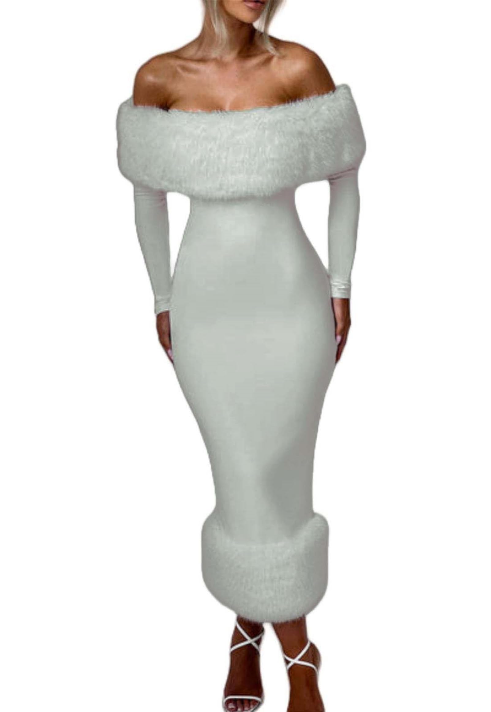 Womens Long Sleeve Wedding Dresses for Brides Off Shoulder Ruched Satin Faux Fur Midi Gowns