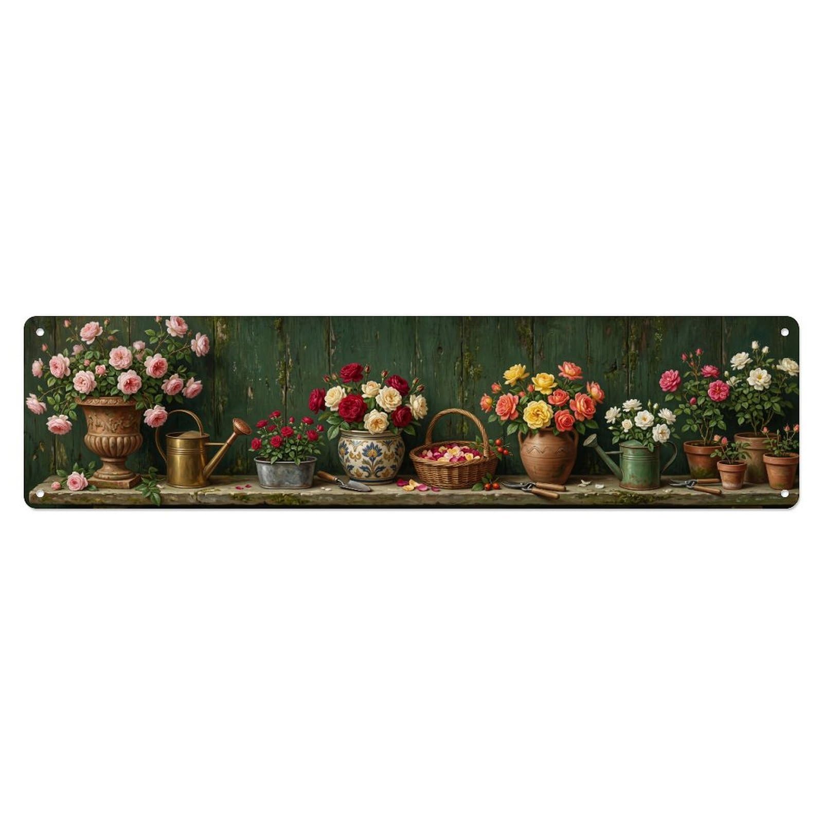Fqnyr Style Metal Tin Sign Floral Garden Tools Rose Garden Pattern Print