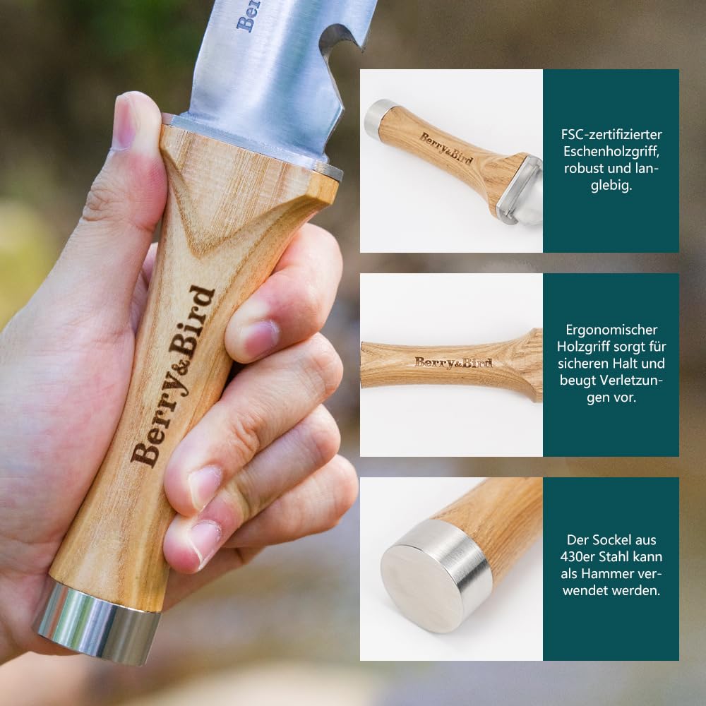Berry&Bird Hori Hori - Cuchillo de jardín multiusos con hoja de acero inoxidable afilada de 17 cm de largo, doble filo y punta de acero inoxidable, con funda de lona, para jardinería, deshierbe, zanja