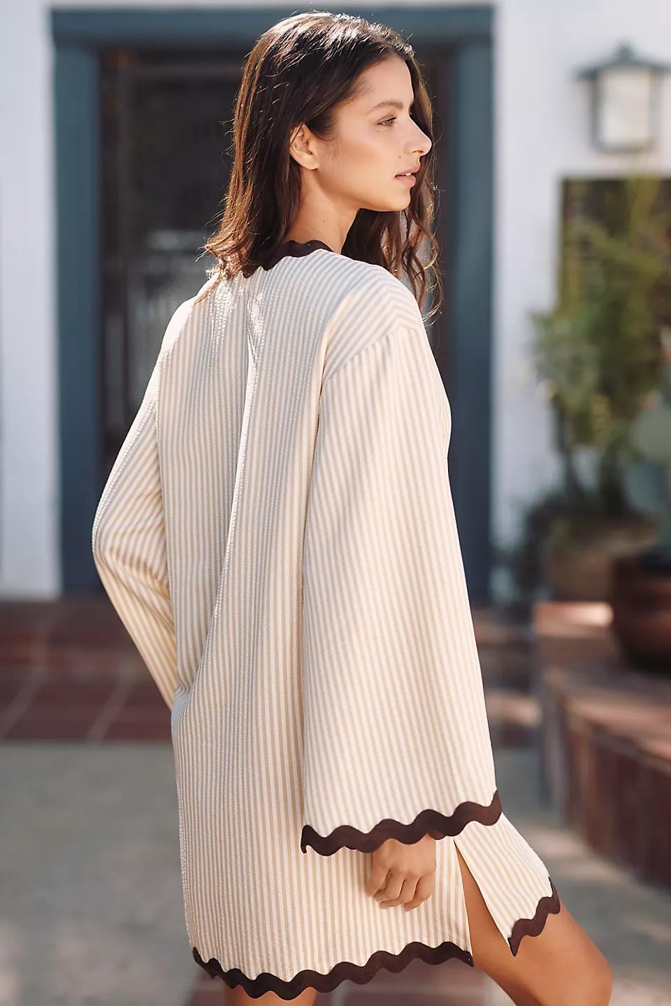 VAOYIU Women's Boho Striped V-Neck Dress Flowy Bell Sleeves Cover Up with Wavy Trim Beach Resort Kaftan Style - Image 2