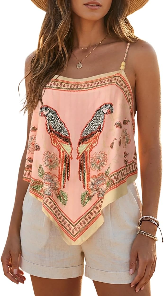 CHICME Tropical Tops for Women Parrot Floral Print Cami Top Beaded Spaghetti Strap Boho Vacation Summer Tops Camisole
