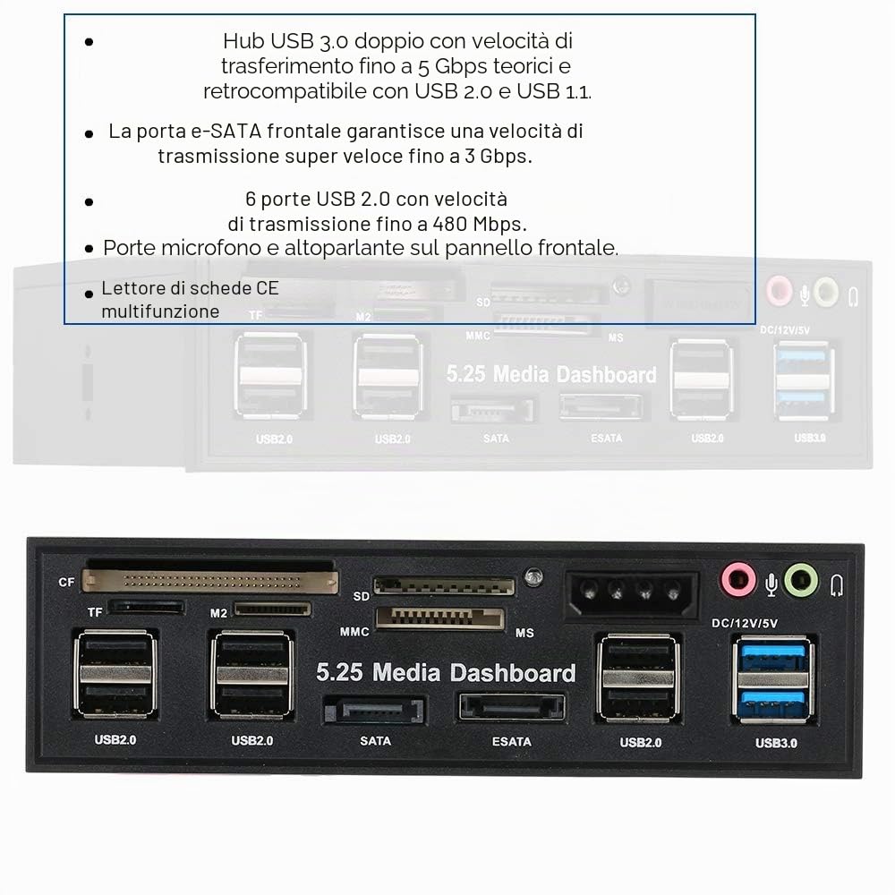 Scheda di memoria multifunzione USB 3.0 Hub eSATA SATA Lettore di schede interne PC Media Dashboard Media Pannello frontale per SD MS CF TF M2 Schede di memoria MMC Adatto a 5,25 "