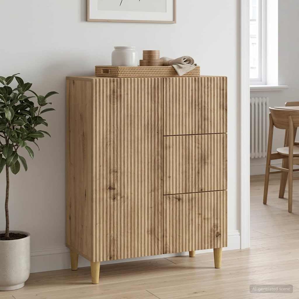 Kredens dąb Artisan, 66 x 34,5 x 90 cm, materiał drewnopochodny z 3 szufladami, 1 regał i drzwi, styl vintage, dużo miejsca do przechowywania do salonu, jadalni, kuchni, korytarza, biura