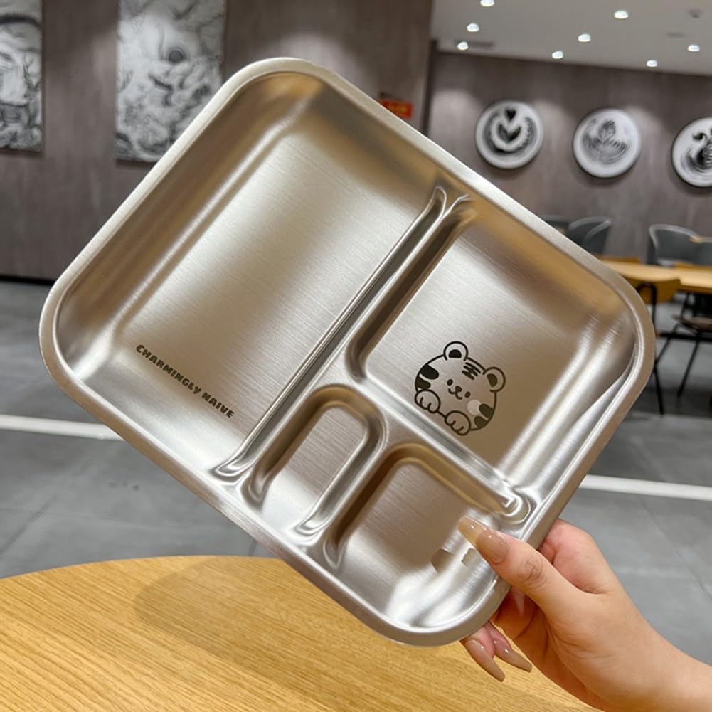 Homefurnishmall Assiettes à dîner divisées en acier inoxydable, 26 x 21 x 2 cm, vaisselle à 4 compartiments pour enfants, adultes, camping (pour tigre)