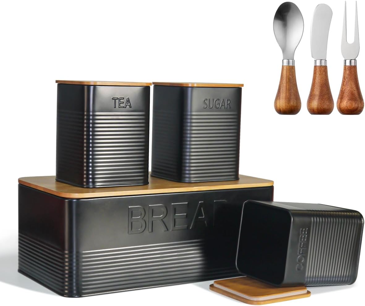 upra Bread box kit, breadbox with Extra Bamboo Cutting Board Lid, Space-Saving Holder, Metal Keeper Bin - (Black) Retro Vintage,cookie,for kitchen countertop,storage jar,Decor 13" set of 4