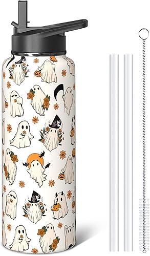 Miniatura 1 de Botellas de agua de fantasma de Halloween de 40 onzas con popote abatible y tapa de boquilla, bonita botella de agua de acero inoxidable