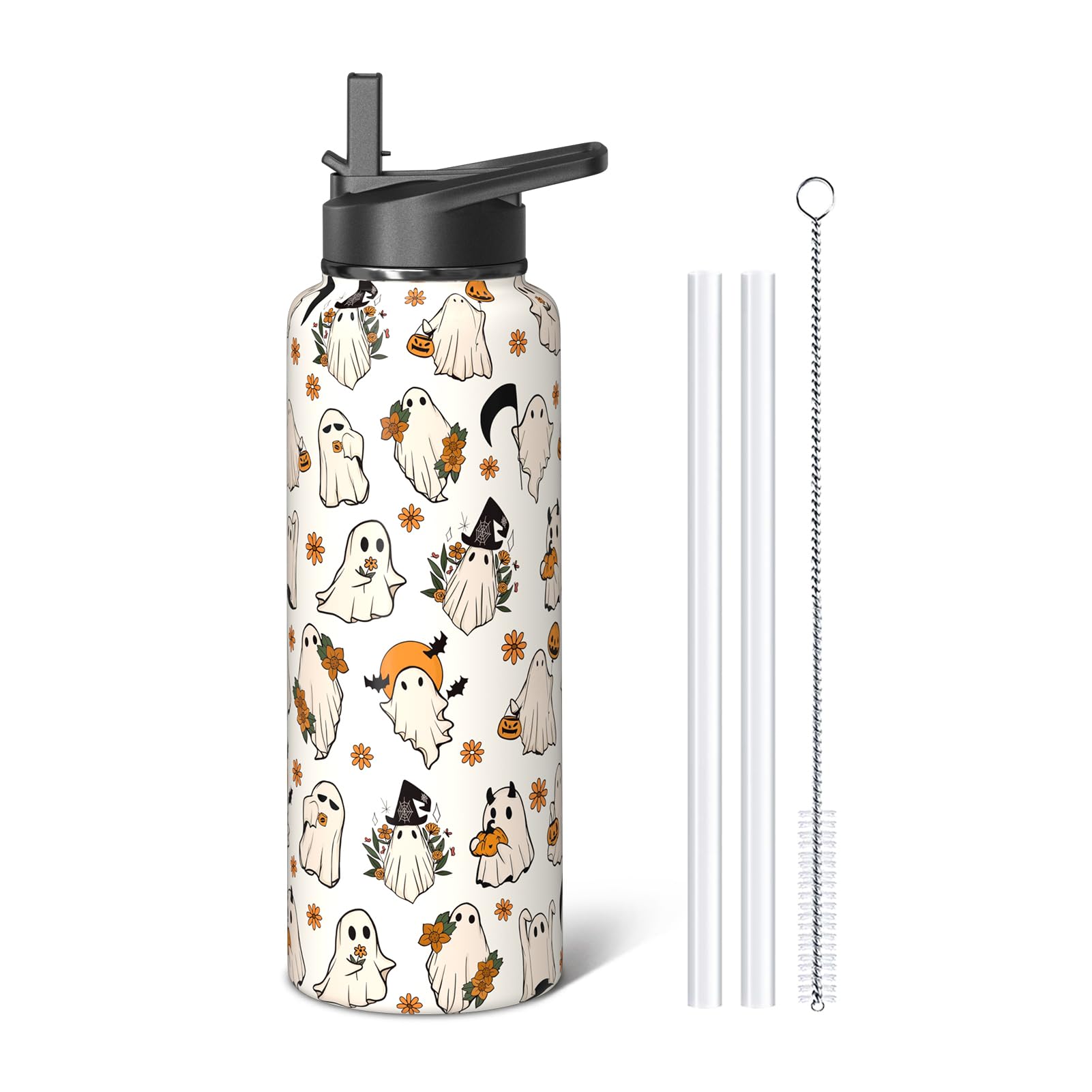 Halloween Ghost 40oz Water Bottles with Flip Straw & Spout Lid, Cute Spooky Stainless Steel Travel Sport Water Bottle, Holiday Gifts for Women Men (1 PC)
