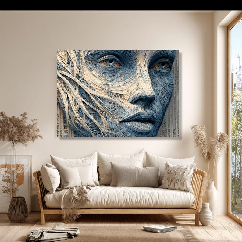 Tableau abstrait sur toile portrait géométrique bleu beige moderne 70x100 cm sans cadre - 3