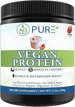 PURE Vegan Protein Powder - 25g Plant Based Protein, 15 Servings - Pea & Mung Bean Blend with Digestive Enzymes - Dairy-Free - Muscle Recovery & Appetite Control - Strawberry 495 Grams