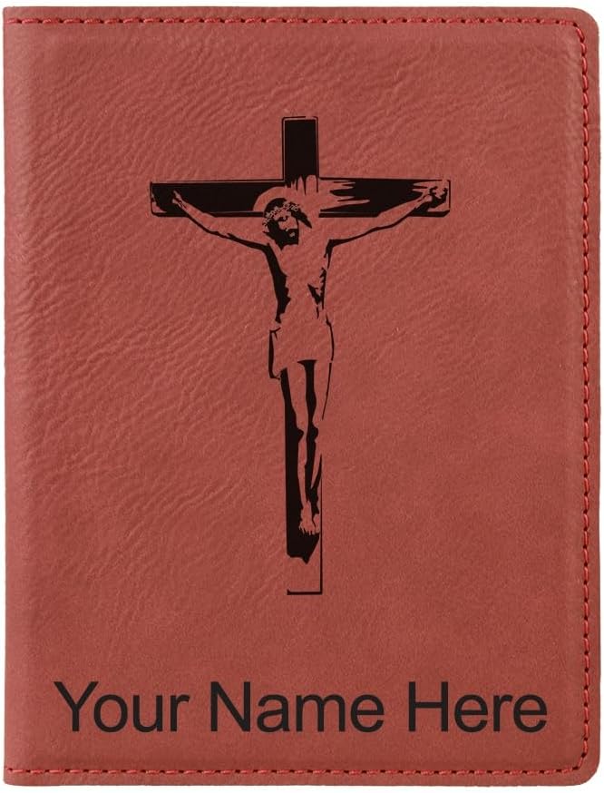 LaserGram Faux Leather Passport Holder, Jesus on the Cross, Personalized Engraving Included (Bamboo)