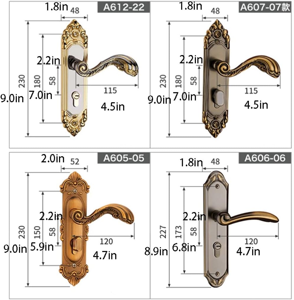 Door Knob Lever Retro Carved Door Lock Door Levers Single Lock Door Handle with Key for Bedroom Bathroom Study Room Hallway Door Lock with Handle (Color : Gold)