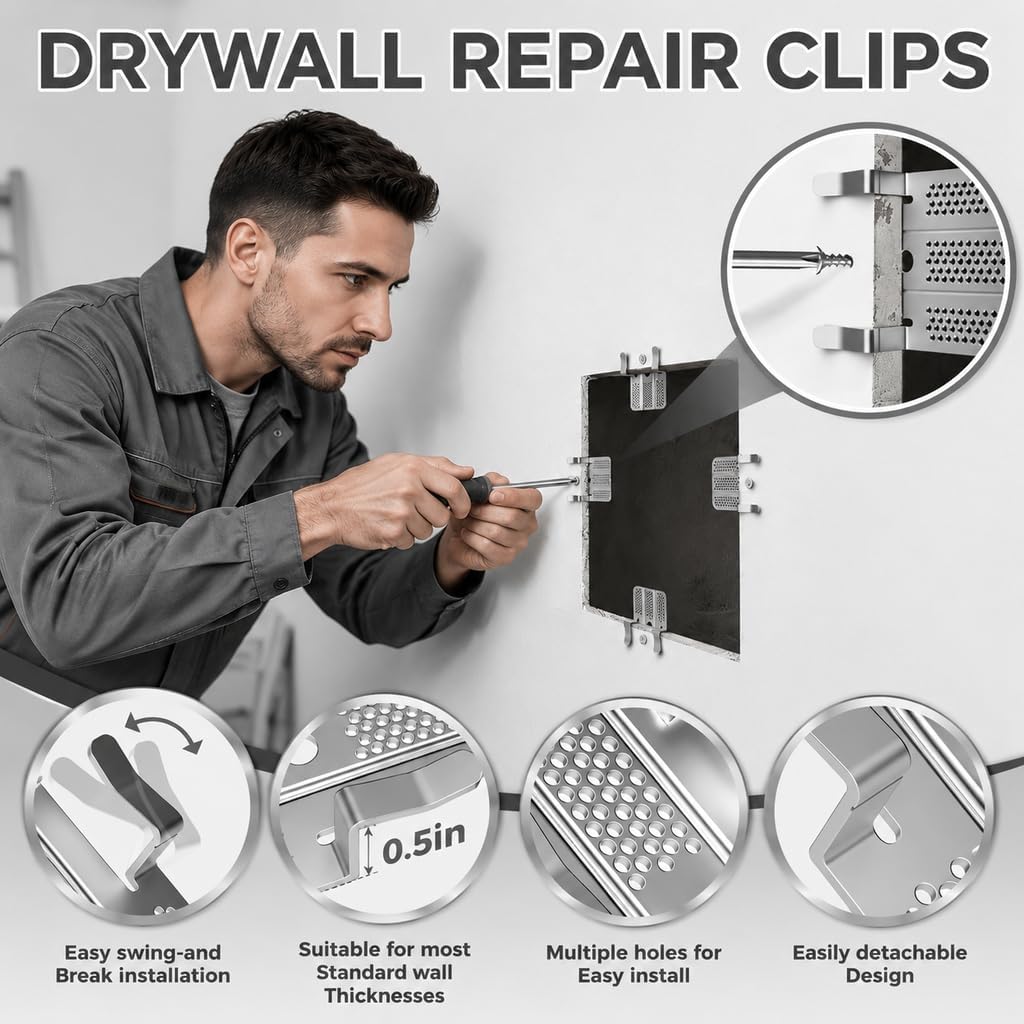 12 Pack Drywall Repair Clips, Heavy Duty Drywall Clips with 24 Screws, Premium Stainless Steel Wall Repair Fasteners for Fixing Damaged Drywall, Holes, Cracks and Home Wall Restoration
