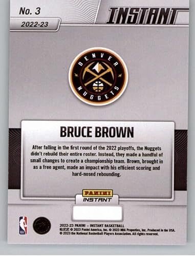 Miniatura 2 de 2023 Panini NBA Champions Denver Nuggets #3 Bruce Brown With Trophy Official NBA Basketball Card in Raw (NM or Better) Condition