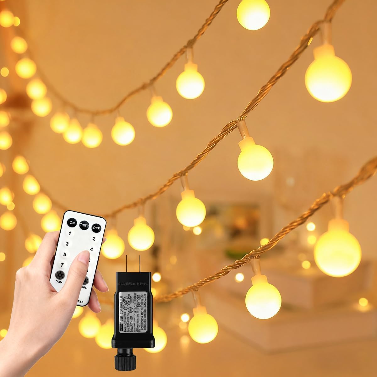 RaThun 49ft Globe String Lights: 100 Warm White LEDs, Remote 8 Modes, 16ft Lead, IP44 Waterproof, UL Certified, Linkable Indoor Outdoor Decor