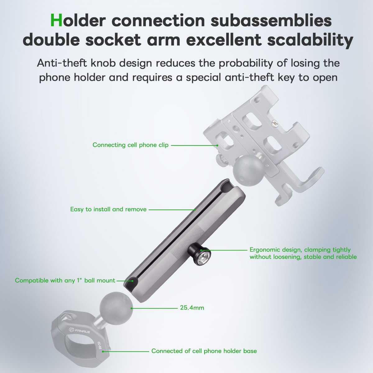 FANAUE Anti-Theft Double Socket Arm Compatible with RAM Mounts B Size Ball Head and Bike Motorcycle Phone Holder - Image 2